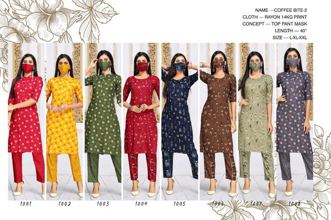 Coffee Bites 2 Casual Wear Rayon Printed Kurti  With Bottom With Mask Collection